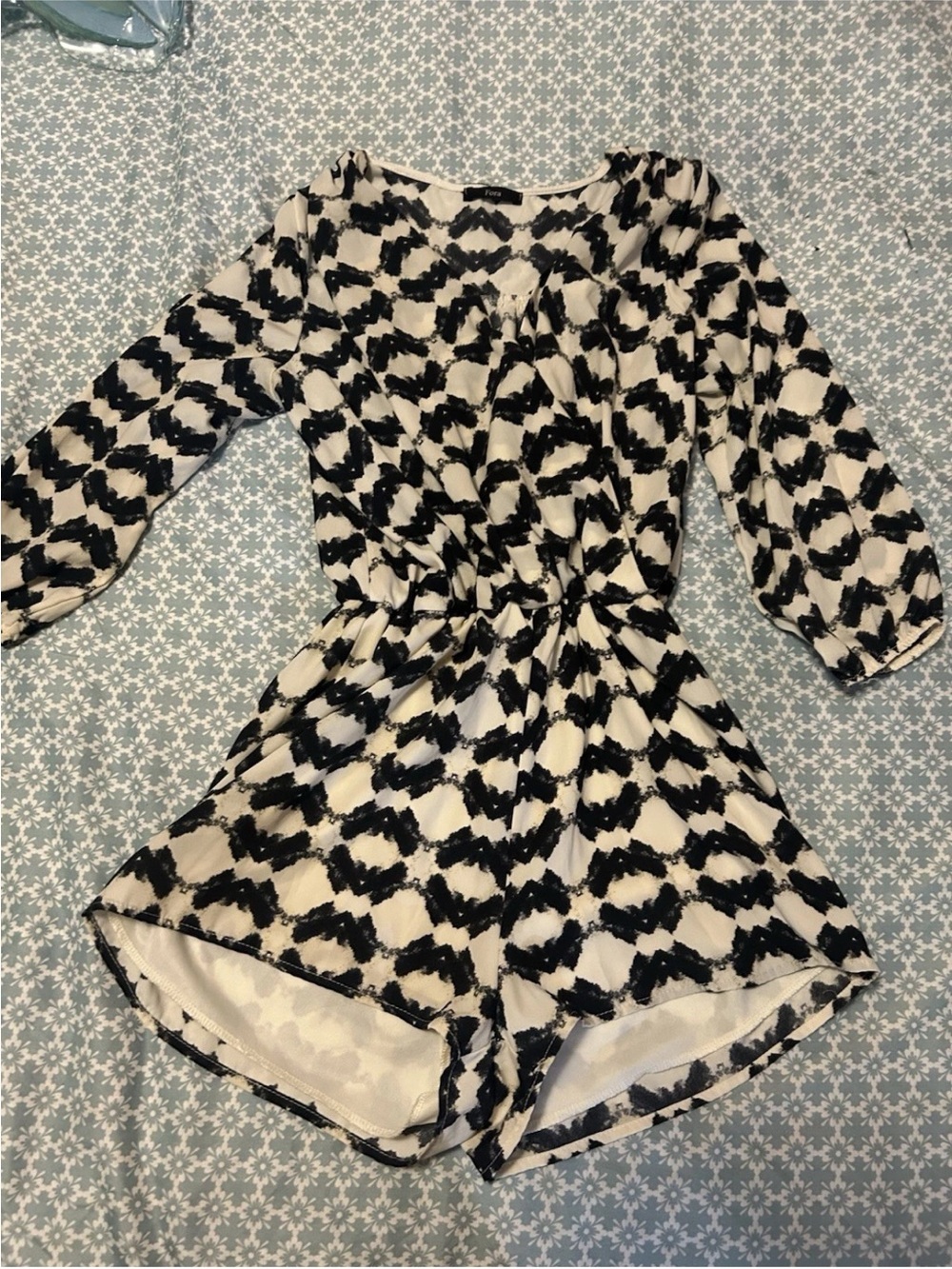 Fora Black and White Printed Long-Sleeve Romper